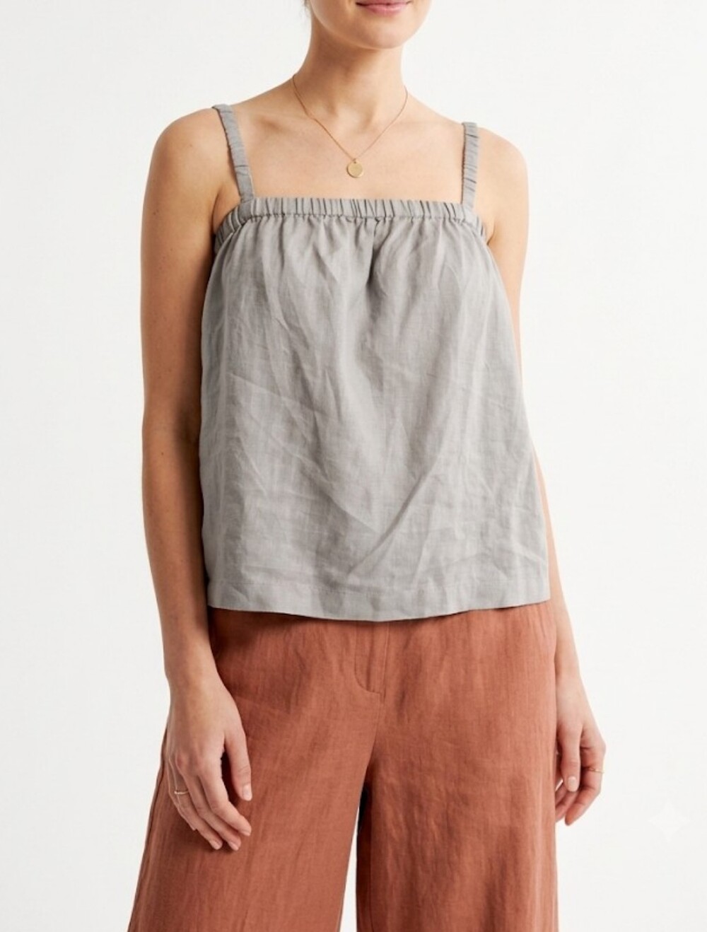 Grade Y Gather Ruched Spaghetti-Strap Linen-Blend Cami in Light Gray